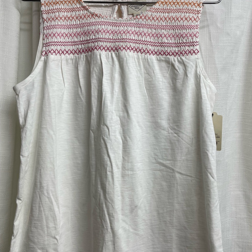 St. John's Bay White Sleeveless Blouse with Pink and Orange Embroidery